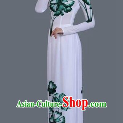 Traditional Top Grade Asian Vietnamese Costumes Classical Princess Printing Full Dress, Vietnam National Ao Dai Dress White Cheongsam for Women