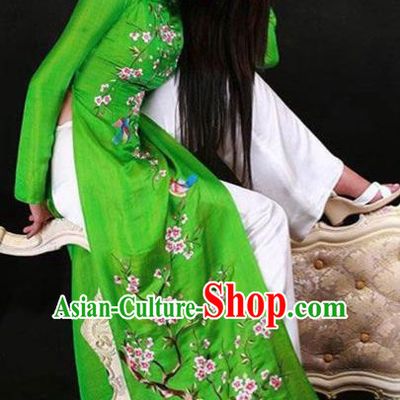 Traditional Top Grade Asian Vietnamese Costumes Classical Princess Painting Peach Blossom Full Dress, Vietnam National Ao Dai Dress Green Cheongsam for Women