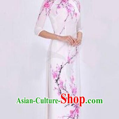 Traditional Top Grade Asian Vietnamese Costumes Classical Princess Painting Wintersweet Full Dress, Vietnam National Ao Dai Dress White Cheongsam for Women