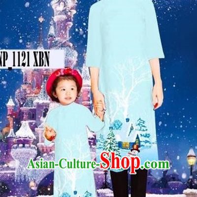 Traditional Top Grade Asian Vietnamese Costumes Classical Printing Christmas Blue Full Dress, Vietnam National Ao Dai Dress Mother-daughter Cheongsam for Women for Kids