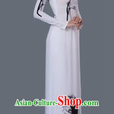 Traditional Top Grade Asian Vietnamese Costumes Classical Princess Ink Painting Full Dress, Vietnam National Ao Dai Dress White Cheongsam for Women