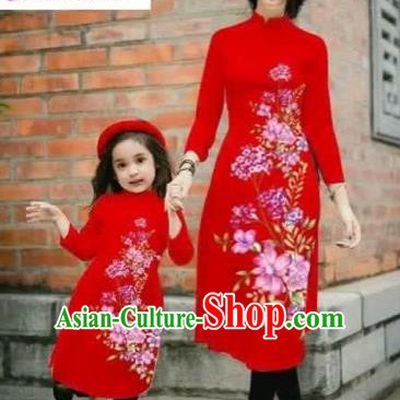 Traditional Top Grade Asian Vietnamese Costumes Classical Printing Cheongsam, Vietnam National Ao Dai Dress Parent-child Red Full Dress for Women for Kids