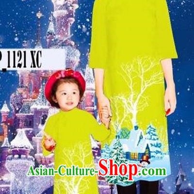 Traditional Top Grade Asian Vietnamese Costumes Classical Printing Christmas Kelly Full Dress, Vietnam National Ao Dai Dress Mother-daughter Cheongsam for Women for Kids