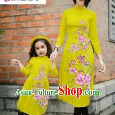 Traditional Top Grade Asian Vietnamese Costumes Classical Printing Cheongsam, Vietnam National Ao Dai Dress Parent-child Yellow Full Dress for Women for Kids