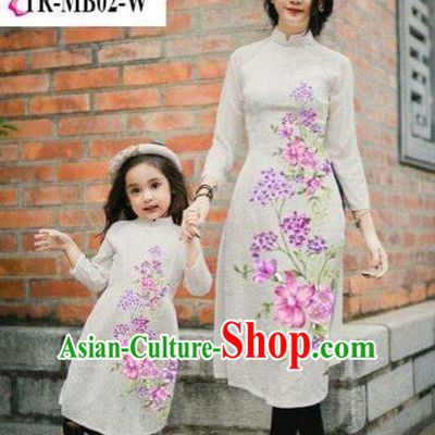 Traditional Top Grade Asian Vietnamese Costumes Classical Printing Cheongsam, Vietnam National Ao Dai Dress Parent-child Grey Full Dress for Women for Kids