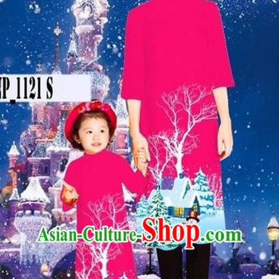 Traditional Top Grade Asian Vietnamese Costumes Classical Printing Christmas Rosy Full Dress, Vietnam National Ao Dai Dress Mother-daughter Cheongsam for Women for Kids