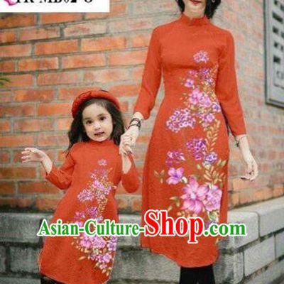 Traditional Top Grade Asian Vietnamese Costumes Classical Printing Cheongsam, Vietnam National Ao Dai Dress Parent-child Orange Full Dress for Women for Kids