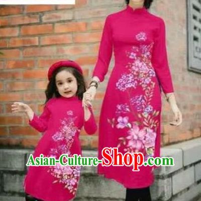 Traditional Top Grade Asian Vietnamese Costumes Classical Printing Cheongsam, Vietnam National Ao Dai Dress Parent-child Rosy Full Dress for Women for Kids