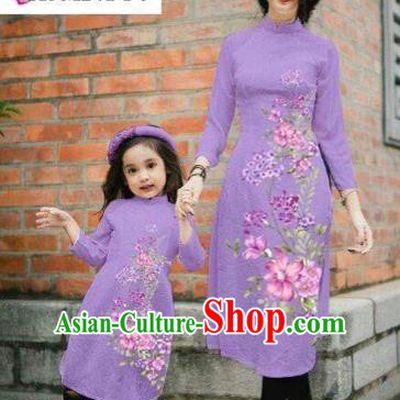 Traditional Top Grade Asian Vietnamese Costumes Classical Printing Cheongsam, Vietnam National Ao Dai Dress Parent-child Purple Full Dress for Women for Kids