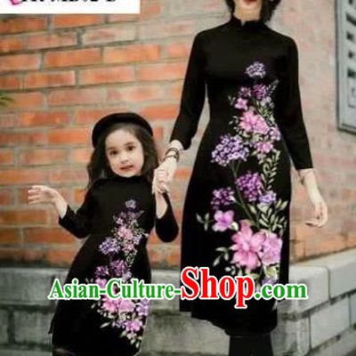Traditional Top Grade Asian Vietnamese Costumes Classical Printing Cheongsam, Vietnam National Ao Dai Dress Parent-child Black Full Dress for Women for Kids