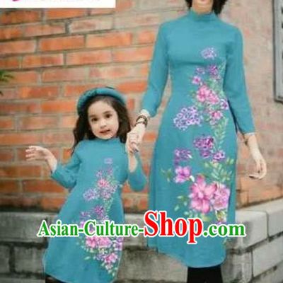 Traditional Top Grade Asian Vietnamese Costumes Classical Printing Cheongsam, Vietnam National Ao Dai Dress Parent-child Lake Blue Full Dress for Women for Kids