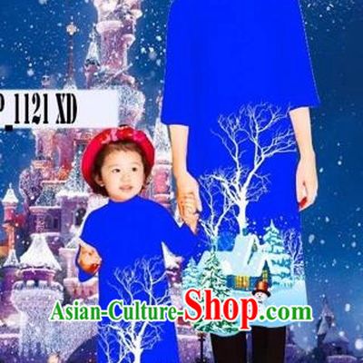 Traditional Top Grade Asian Vietnamese Costumes Classical Printing Christmas Royalblue Full Dress, Vietnam National Ao Dai Dress Mother-daughter Cheongsam for Women for Kids