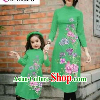 Traditional Top Grade Asian Vietnamese Costumes Classical Printing Cheongsam, Vietnam National Ao Dai Dress Parent-child Green Full Dress for Women for Kids