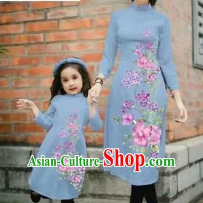 Traditional Top Grade Asian Vietnamese Costumes Classical Printing Cheongsam, Vietnam National Ao Dai Dress Parent-child Dusty Blue Full Dress for Women for Kids