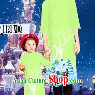 Traditional Top Grade Asian Vietnamese Costumes Classical Printing Christmas Green Full Dress, Vietnam National Ao Dai Dress Mother-daughter Cheongsam for Women for Kids