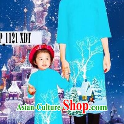Traditional Top Grade Asian Vietnamese Costumes Classical Printing Christmas Sky Blue Full Dress, Vietnam National Ao Dai Dress Mother-daughter Cheongsam for Women for Kids