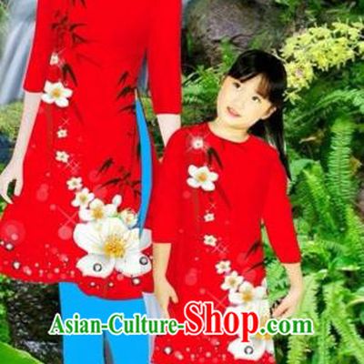 Traditional Top Grade Asian Vietnamese Costumes Classical Printing Flowers Red Full Dress, Vietnam National Ao Dai Dress Mother-daughter Cheongsam for Women for Kids