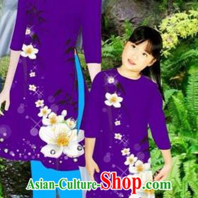 Traditional Top Grade Asian Vietnamese Costumes Classical Printing Flowers Purple Full Dress, Vietnam National Ao Dai Dress Mother-daughter Cheongsam for Women for Kids