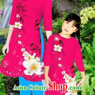 Traditional Top Grade Asian Vietnamese Costumes Classical Printing Flowers Rosy Full Dress, Vietnam National Ao Dai Dress Mother-daughter Cheongsam for Women for Kids