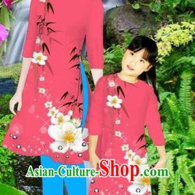 Traditional Top Grade Asian Vietnamese Costumes Classical Printing Flowers Pink Full Dress, Vietnam National Ao Dai Dress Mother-daughter Cheongsam for Women for Kids