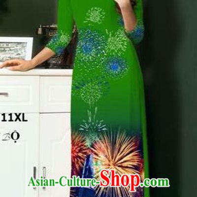 Traditional Top Grade Asian Vietnamese Costumes Classical Printing Princess Green Full Dress, Vietnam National Ao Dai Dress Cheongsam for Women