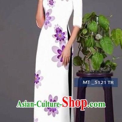 Traditional Top Grade Asian Vietnamese Costumes Classical Princess Full Dress, Vietnam National Ao Dai Dress White Cheongsam for Women