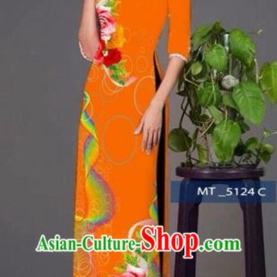 Traditional Top Grade Asian Vietnamese Costumes Classical Princess Printing Cheongsam, Vietnam National Ao Dai Dress Orange Full Dress for Women