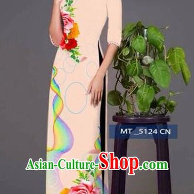 Traditional Top Grade Asian Vietnamese Costumes Classical Princess Printing Cheongsam, Vietnam National Ao Dai Dress Beige Full Dress for Women