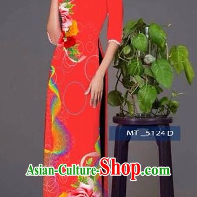 Traditional Top Grade Asian Vietnamese Costumes Classical Princess Printing Cheongsam, Vietnam National Ao Dai Dress Red Full Dress for Women