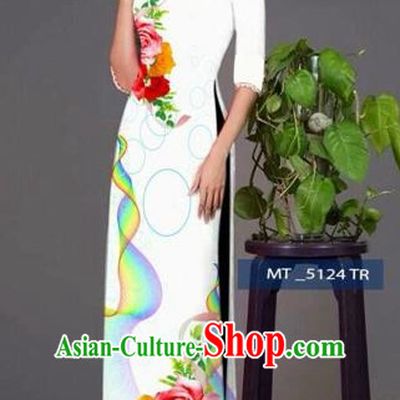 Traditional Top Grade Asian Vietnamese Costumes Classical Princess Printing Cheongsam, Vietnam National Ao Dai Dress White Full Dress for Women
