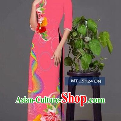 Traditional Top Grade Asian Vietnamese Costumes Classical Princess Printing Cheongsam, Vietnam National Ao Dai Dress Pink Full Dress for Women