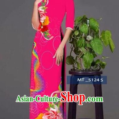 Traditional Top Grade Asian Vietnamese Costumes Classical Princess Printing Cheongsam, Vietnam National Ao Dai Dress Rosy Full Dress for Women