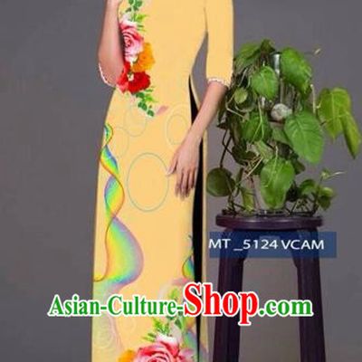 Traditional Top Grade Asian Vietnamese Costumes Classical Princess Printing Cheongsam, Vietnam National Ao Dai Dress Khaki Full Dress for Women