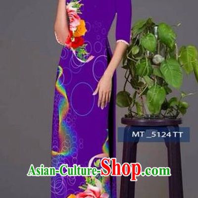 Traditional Top Grade Asian Vietnamese Costumes Classical Princess Printing Cheongsam, Vietnam National Ao Dai Dress Purple Full Dress for Women