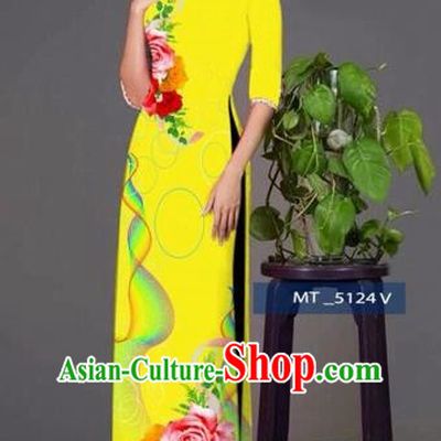 Traditional Top Grade Asian Vietnamese Costumes Classical Princess Printing Cheongsam, Vietnam National Ao Dai Dress Yellow Full Dress for Women