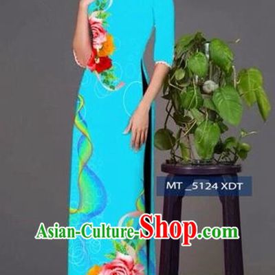 Traditional Top Grade Asian Vietnamese Costumes Classical Princess Printing Cheongsam, Vietnam National Ao Dai Dress Blue Full Dress for Women