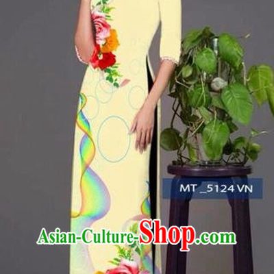 Traditional Top Grade Asian Vietnamese Costumes Classical Princess Printing Cheongsam, Vietnam National Ao Dai Dress Light Yellow Full Dress for Women