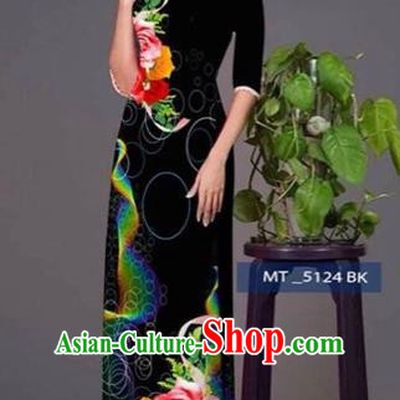 Traditional Top Grade Asian Vietnamese Costumes Classical Princess Printing Cheongsam, Vietnam National Ao Dai Dress Black Full Dress for Women