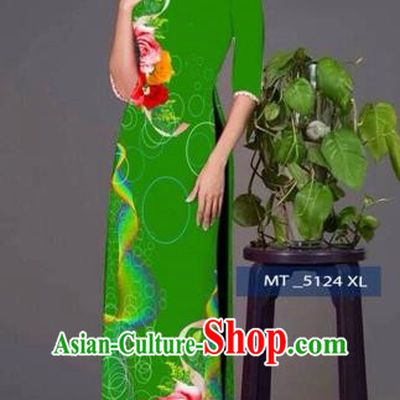 Traditional Top Grade Asian Vietnamese Costumes Classical Princess Printing Cheongsam, Vietnam National Ao Dai Dress Green Full Dress for Women