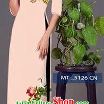 Traditional Top Grade Asian Vietnamese Costumes Classical Princess Printing Peony Flowers Cheongsam, Vietnam National Ao Dai Dress Beige Full Dress for Women