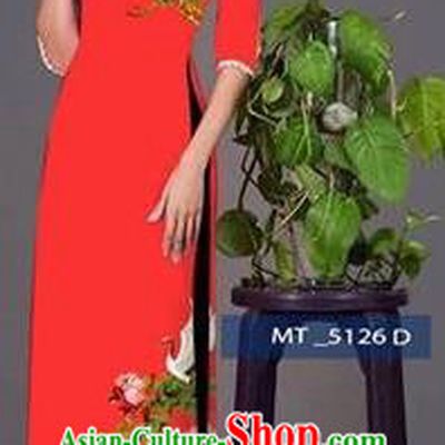 Traditional Top Grade Asian Vietnamese Costumes Classical Princess Printing Peony Flowers Cheongsam, Vietnam National Ao Dai Dress Red Full Dress for Women