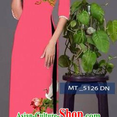 Traditional Top Grade Asian Vietnamese Costumes Classical Princess Printing Peony Flowers Cheongsam, Vietnam National Ao Dai Dress Pink Full Dress for Women