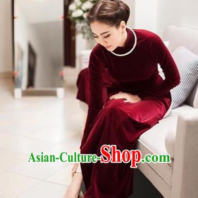 Traditional Top Grade Asian Vietnamese Costumes Classical Wine Red Cheongsam, Vietnam National Ao Dai Dress Wedding Bride Pleuche Full Dress for Women