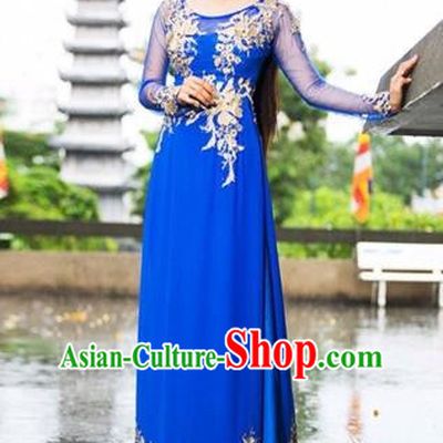 Traditional Top Grade Asian Vietnamese Costumes Classical Embroidery Cheongsam, Vietnam National Ao Dai Dress Blue Full Dress for Women