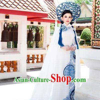 Traditional Top Grade Asian Vietnamese Costumes Classical Blue and White Porcelain Full Dress, Vietnam National Ao Dai Dress Wedding Bride Cheongsam for Women
