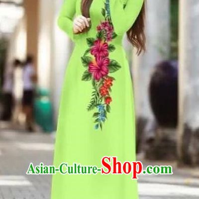 Traditional Top Grade Asian Vietnamese Costumes Classical Printing Cheongsam, Vietnam National Ao Dai Dress Beauty Contest Green Full Dress for Women