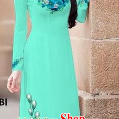 Traditional Top Grade Asian Vietnamese Costumes Classical Princess Printing Flowers Cheongsam, Vietnam National Ao Dai Dress Light Blue Full Dress for Women
