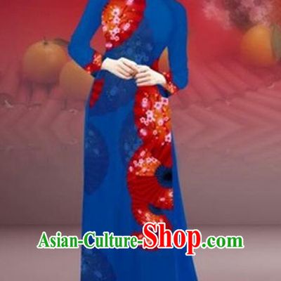 Traditional Top Grade Asian Vietnamese Costumes Classical New Year Printing Cheongsam, Vietnam National Navy Ao Dai Dress for Women
