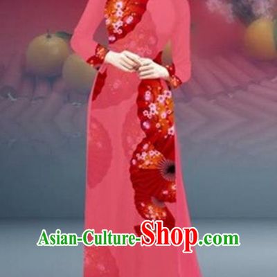 Traditional Top Grade Asian Vietnamese Costumes Classical New Year Printing Cheongsam, Vietnam National Pink Ao Dai Dress for Women
