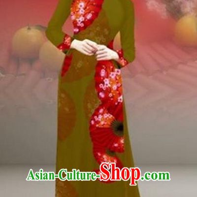 Traditional Top Grade Asian Vietnamese Costumes Classical New Year Printing Cheongsam, Vietnam National Olive Green Ao Dai Dress for Women